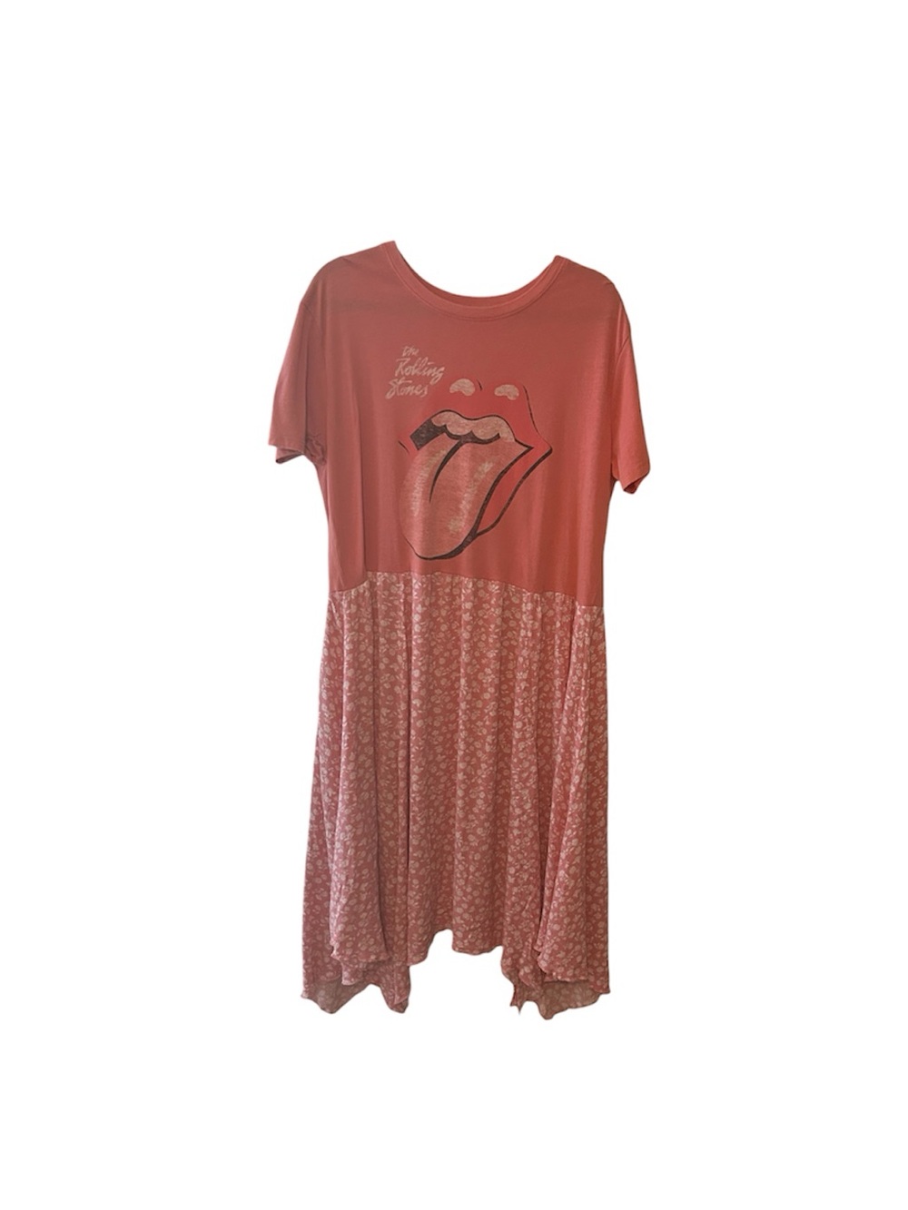 the Rolling Stones Upcycled  Coral Graphic Tee Dress with Patterned Skirt